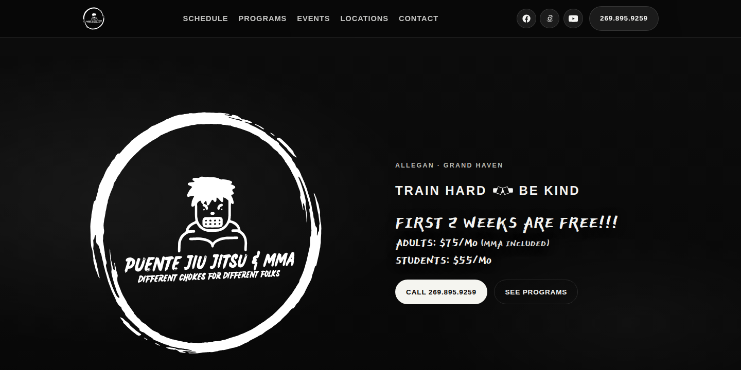 Puente Jiu Jitsu & MMA homepage on a desktop browser: logo, class offer, and navigation.