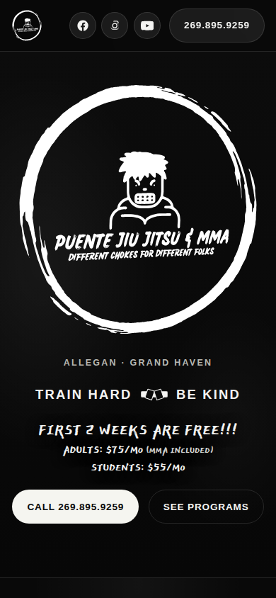 Puente Jiu Jitsu & MMA homepage on a phone: logo, trial offer, and call button.